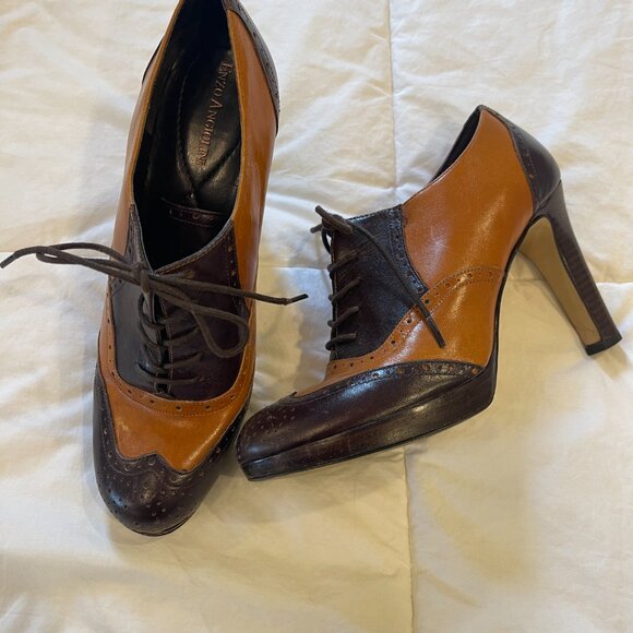 Saddle heel Shoes size 8 Vintage Enzo Angolini brown tan lace up . Flawed - Picture 2 of 5